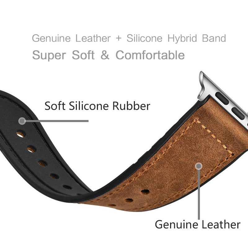 OUHENG Compatible with Apple Watch Band 45mm 44mm 42mm, Sweatproof Genuine Leather and Rubber Hybrid Band Strap Compatible with iWatch Series 7 6 5 4 3 2 1 SE, Brown Band with Silver Adapter - Image 5